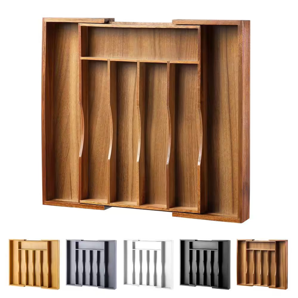 Expandable Bamboo Kitchen Drawer Organizer for Cutlery and Utensils, Adjustable Wood Cutlery Tray in Drawer, Acacia