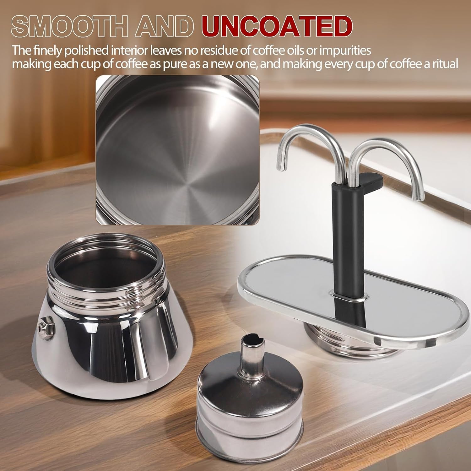Uncoated 2 Cup Dual Pipe Moka Pot 304 Thickened Stainless Steel Mini Coffee Maker Stovetop Espresso Coffeemaker Italian Classic Style Brewing Greca Cafe Machine for Cafeteras Travel 150Ml