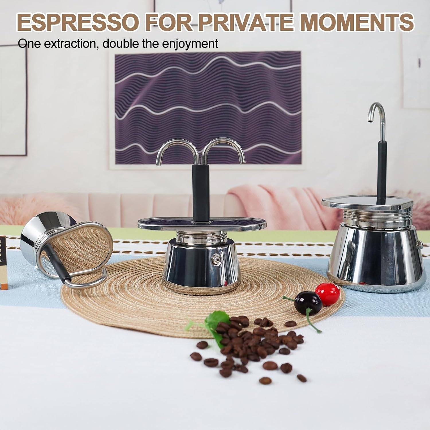Uncoated 2 Cup Dual Pipe Moka Pot 304 Thickened Stainless Steel Mini Coffee Maker Stovetop Espresso Coffeemaker Italian Classic Style Brewing Greca Cafe Machine for Cafeteras Travel 150Ml