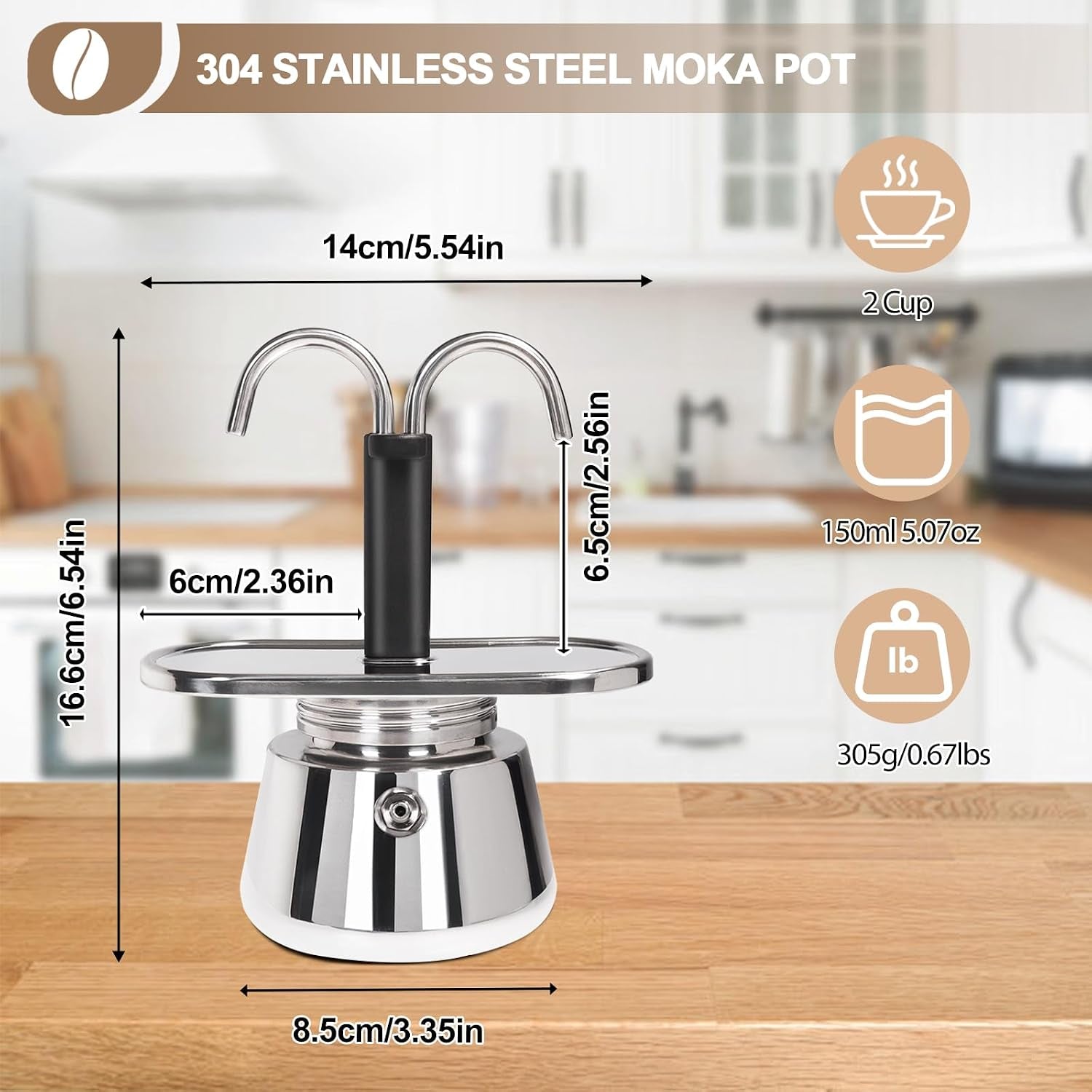 Uncoated 2 Cup Dual Pipe Moka Pot 304 Thickened Stainless Steel Mini Coffee Maker Stovetop Espresso Coffeemaker Italian Classic Style Brewing Greca Cafe Machine for Cafeteras Travel 150Ml