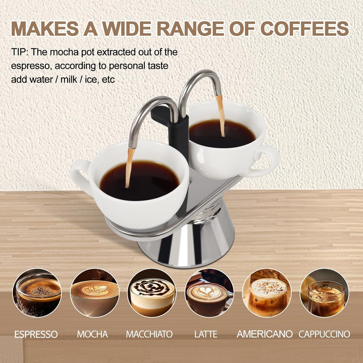 Uncoated 2 Cup Dual Pipe Moka Pot 304 Thickened Stainless Steel Mini Coffee Maker Stovetop Espresso Coffeemaker Italian Classic Style Brewing Greca Cafe Machine for Cafeteras Travel 150Ml