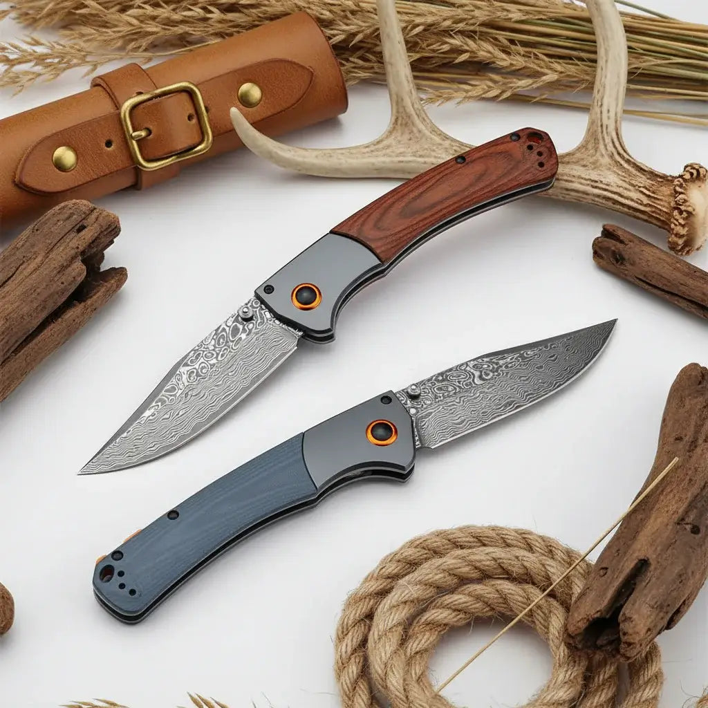 Damascus Steel Folding Knife – Handmade EDC Pocket Knife with Wooden/G10 Handle for Camping & Outdoor