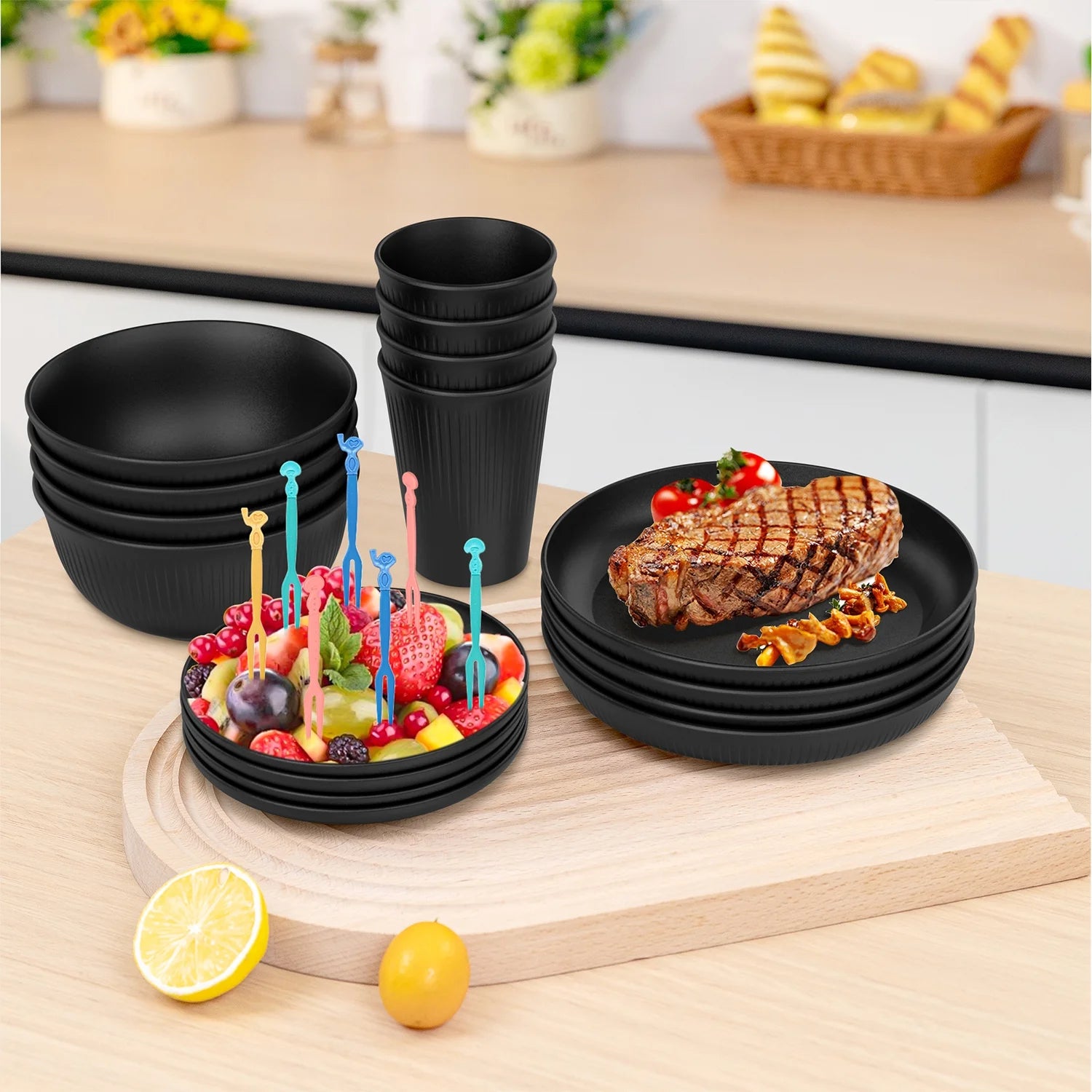 48 Pcs Wheat Straw Dinnerware Sets for 4, Unbreakable Dinnerware Sets, Reusable Wheat Straw Plates and Bowls Sets, Travel Camping Cutlery Set, Dishwasher Microwave Safe Dinnerware, Black
