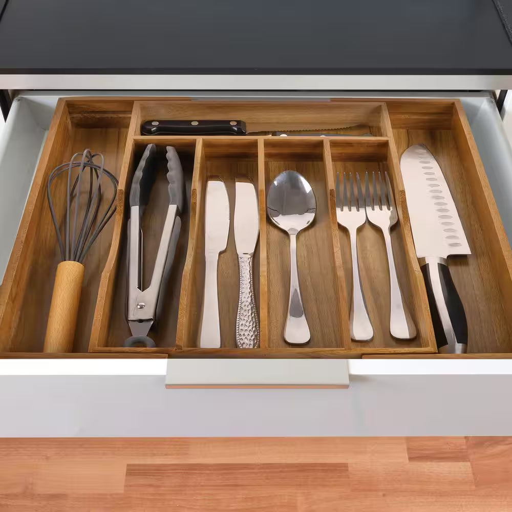 Expandable Bamboo Kitchen Drawer Organizer for Cutlery and Utensils, Adjustable Wood Cutlery Tray in Drawer, Acacia