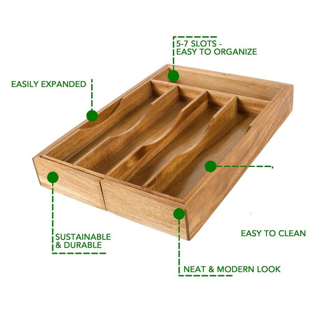 Expandable Bamboo Kitchen Drawer Organizer for Cutlery and Utensils, Adjustable Wood Cutlery Tray in Drawer, Acacia