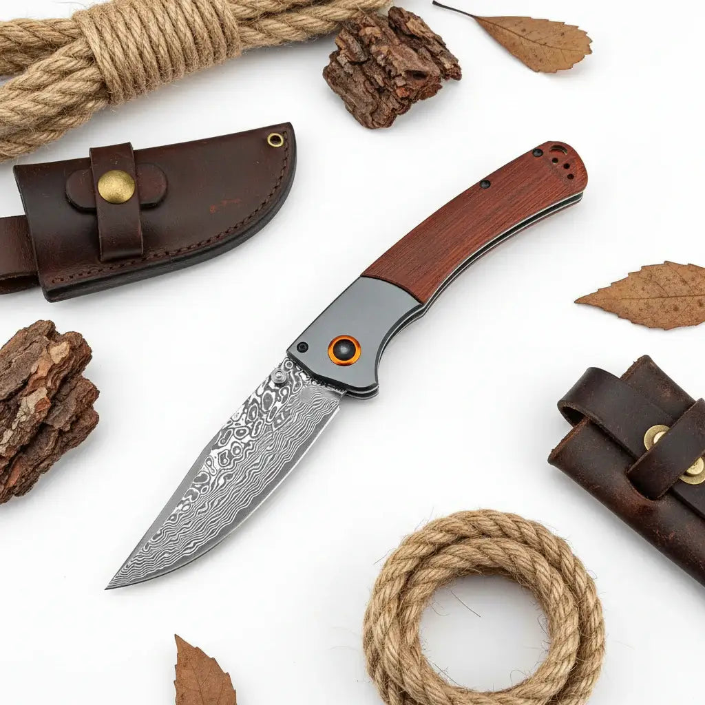 Damascus Steel Folding Knife – Handmade EDC Pocket Knife with Wooden/G10 Handle for Camping & Outdoor