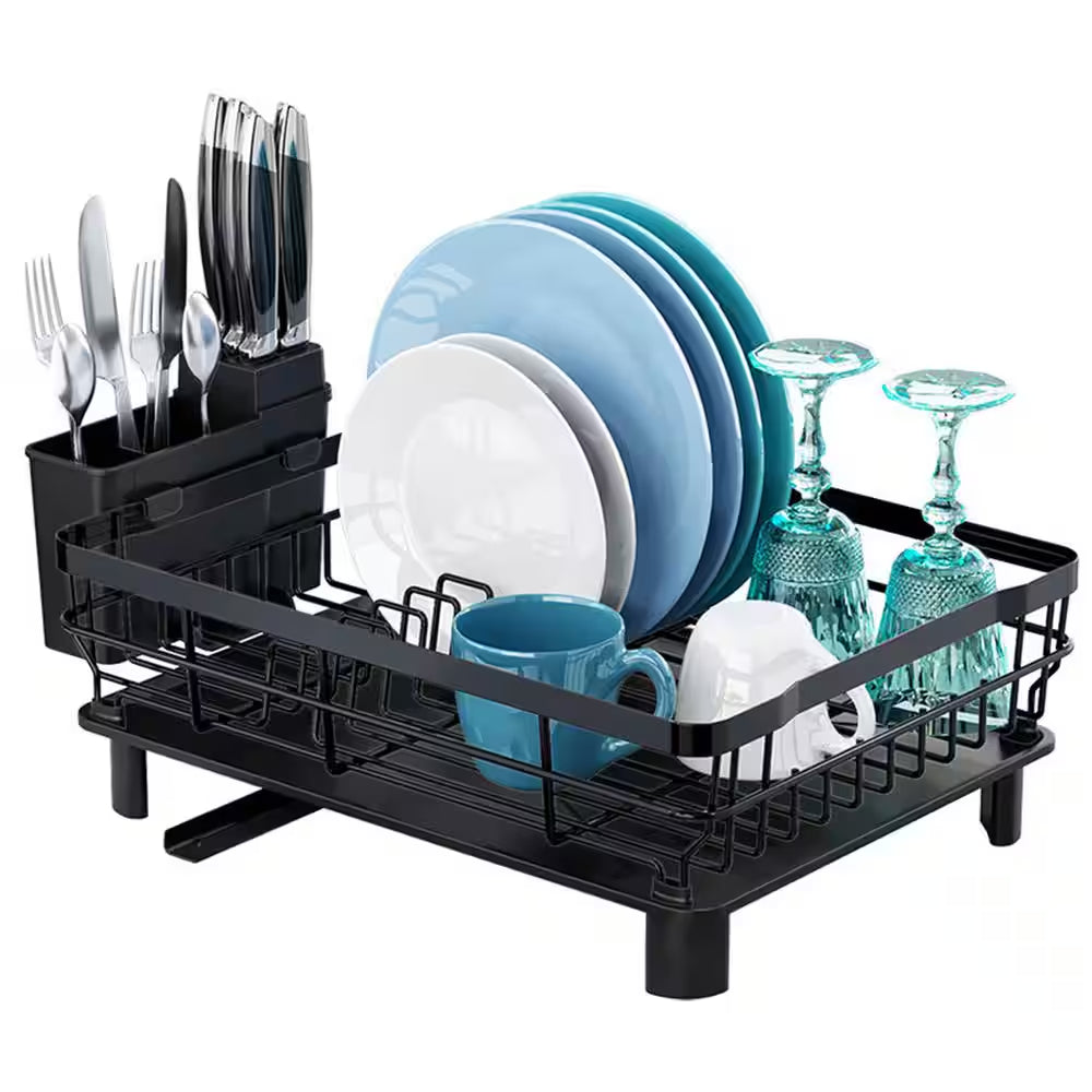 Compact Matte Black Kitchen Dish Rack with Drainboard Dish Rack, Cutlery Holder and Drip Tray