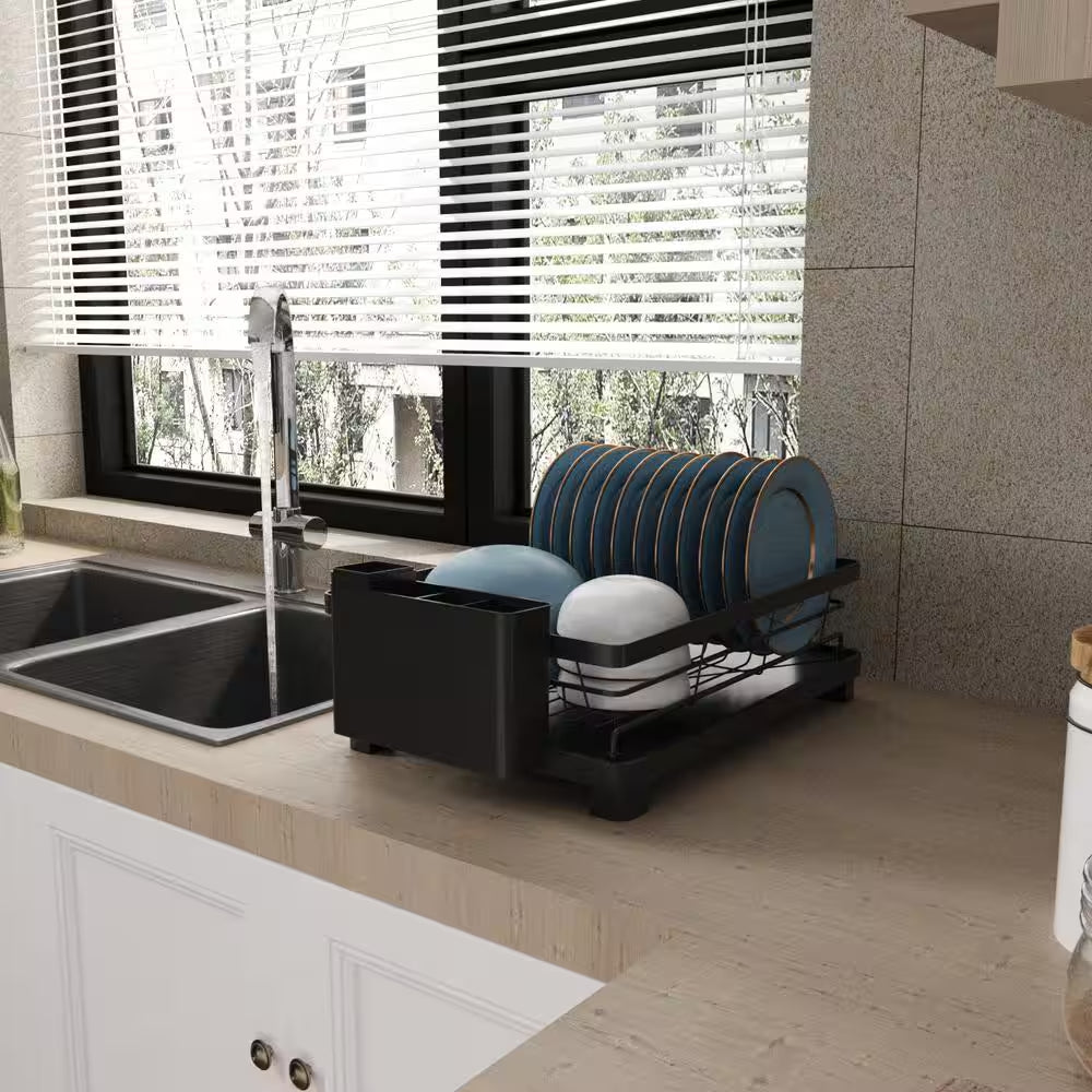 Compact Matte Black Kitchen Dish Rack with Drainboard Dish Rack, Cutlery Holder and Drip Tray