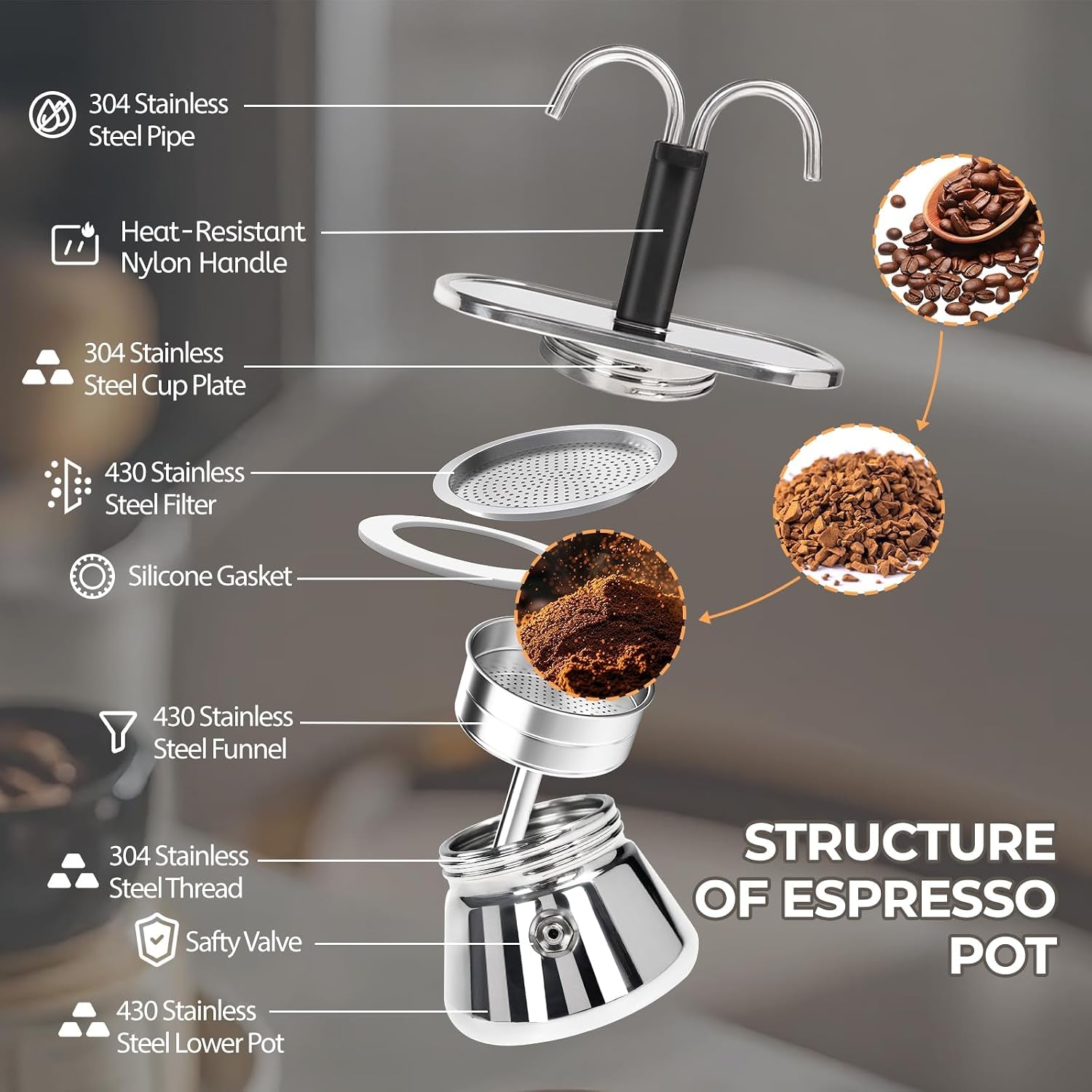 Uncoated 2 Cup Dual Pipe Moka Pot 304 Thickened Stainless Steel Mini Coffee Maker Stovetop Espresso Coffeemaker Italian Classic Style Brewing Greca Cafe Machine for Cafeteras Travel 150Ml