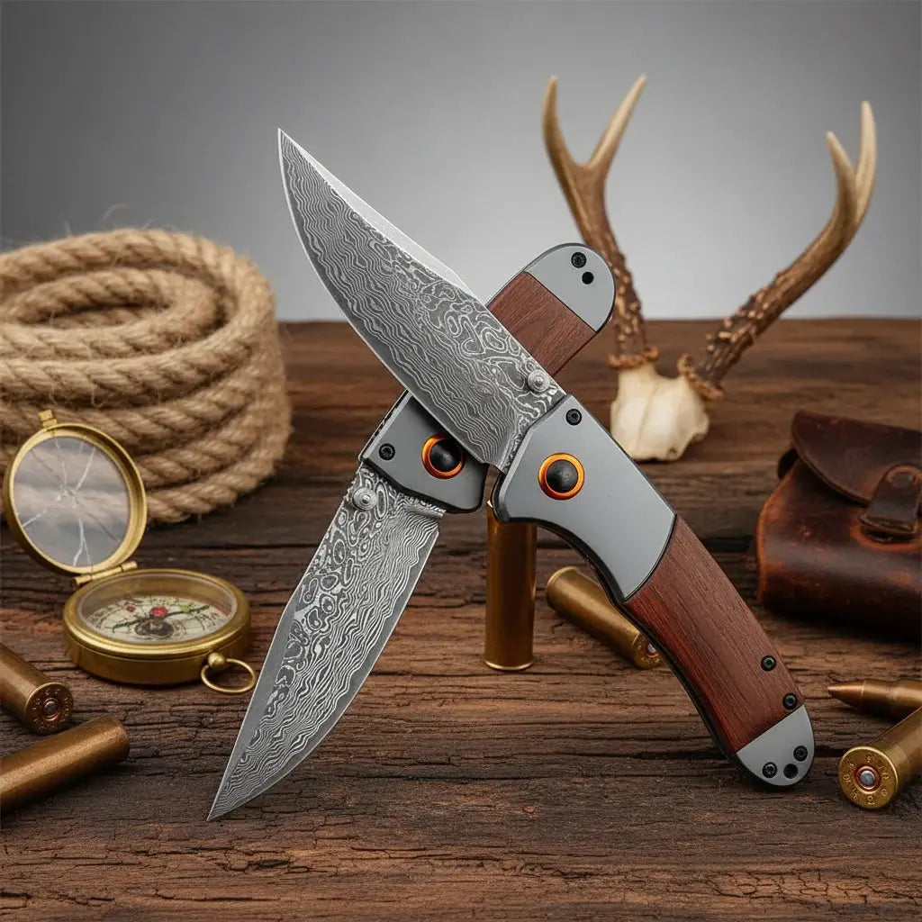 Damascus Steel Folding Knife – Handmade EDC Pocket Knife with Wooden/G10 Handle for Camping & Outdoor