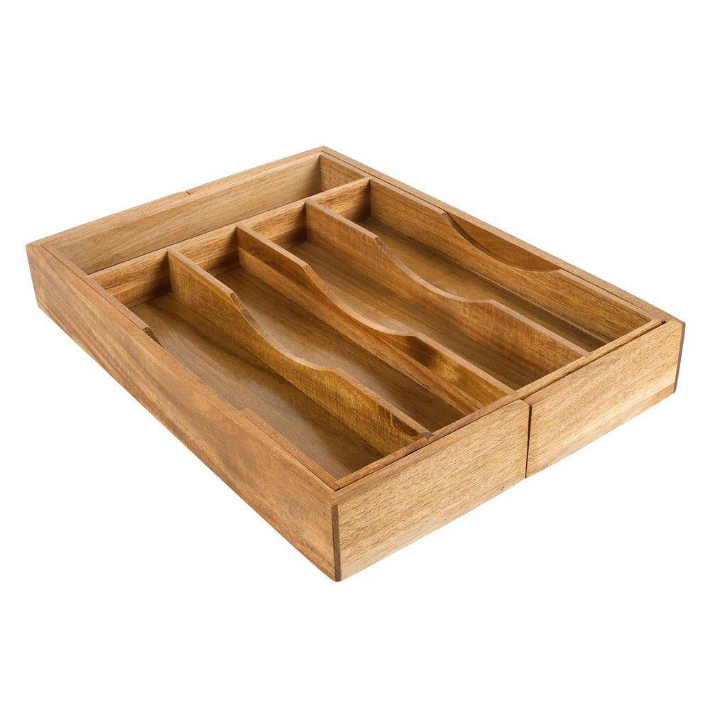 Expandable Bamboo Kitchen Drawer Organizer for Cutlery and Utensils, Adjustable Wood Cutlery Tray in Drawer, Acacia