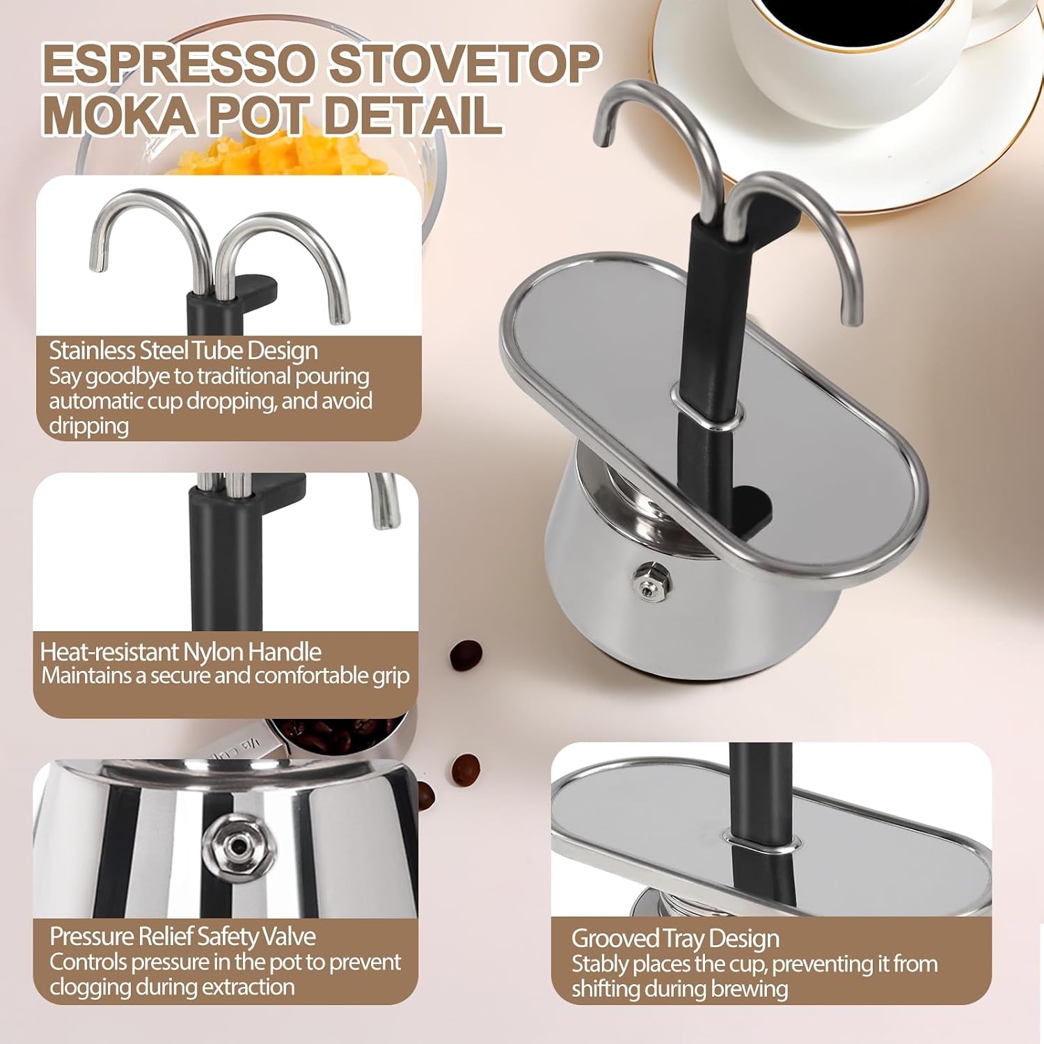 Uncoated 2 Cup Dual Pipe Moka Pot 304 Thickened Stainless Steel Mini Coffee Maker Stovetop Espresso Coffeemaker Italian Classic Style Brewing Greca Cafe Machine for Cafeteras Travel 150Ml