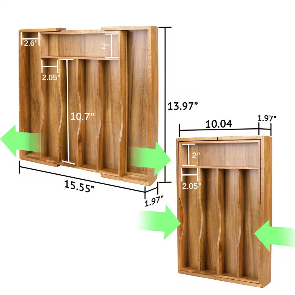 Expandable Bamboo Kitchen Drawer Organizer for Cutlery and Utensils, Adjustable Wood Cutlery Tray in Drawer, Acacia