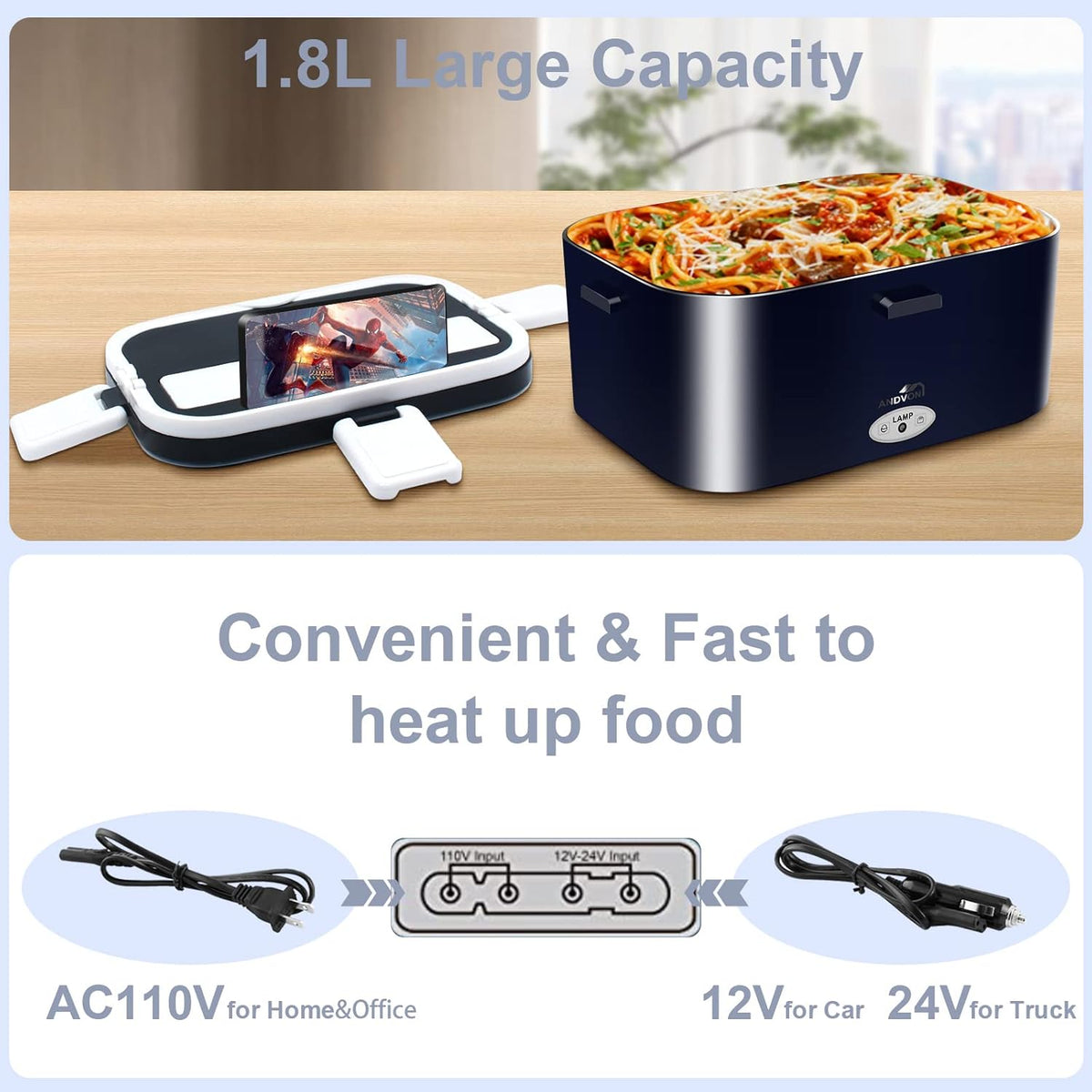 80W Fast Heating Electric Lunch Box for Men Gift-1.8L Large-Capacity Portable Food Heater for Adults-Leakproof 3-In-1 Heated Food Warmer for Car/Work with SS Fork&Spoon and Carry Bag