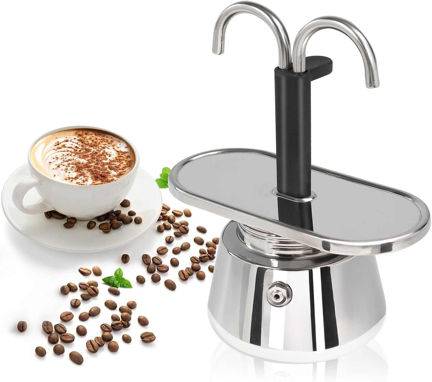 Uncoated 2 Cup Dual Pipe Moka Pot 304 Thickened Stainless Steel Mini Coffee Maker Stovetop Espresso Coffeemaker Italian Classic Style Brewing Greca Cafe Machine for Cafeteras Travel 150Ml