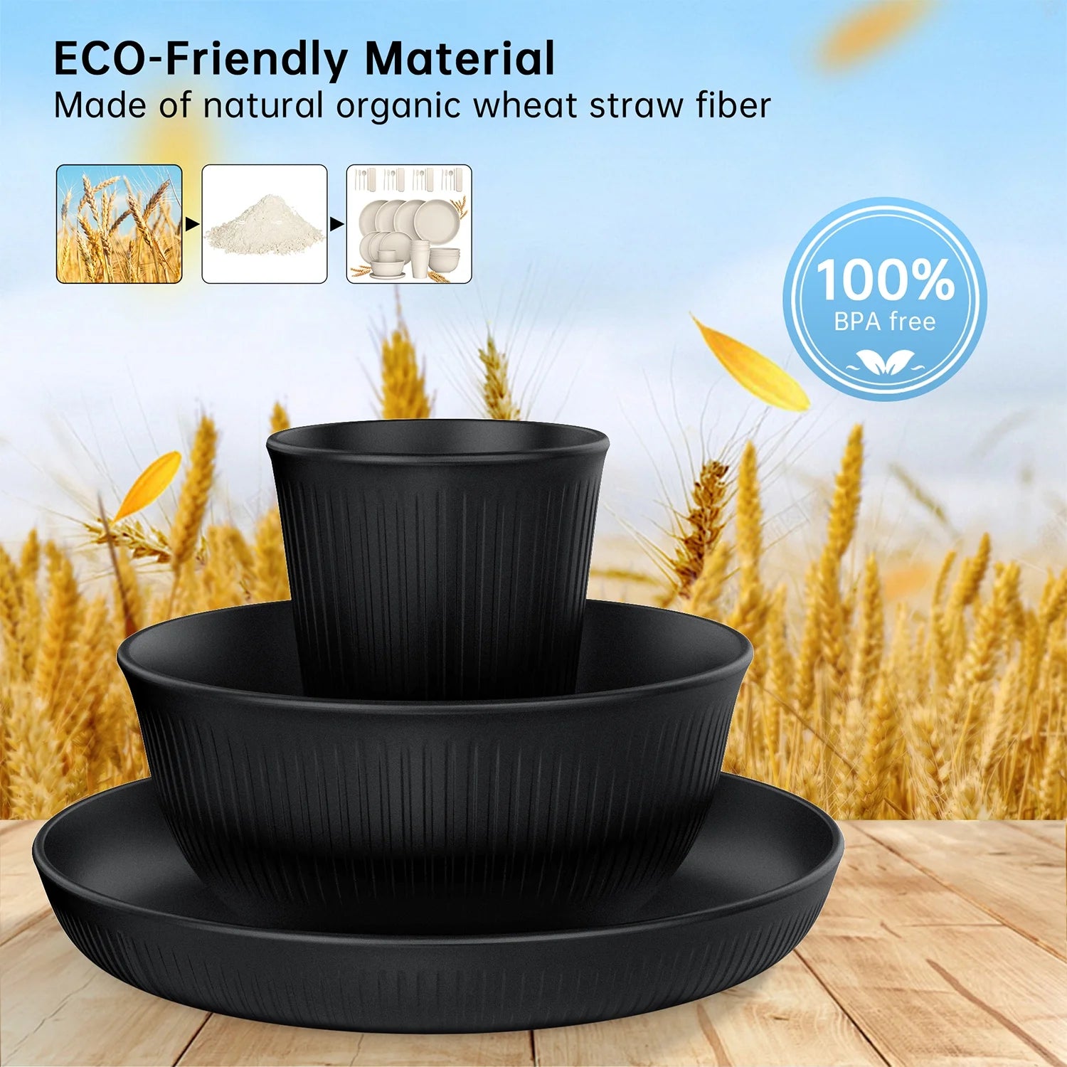 48 Pcs Wheat Straw Dinnerware Sets for 4, Unbreakable Dinnerware Sets, Reusable Wheat Straw Plates and Bowls Sets, Travel Camping Cutlery Set, Dishwasher Microwave Safe Dinnerware, Black