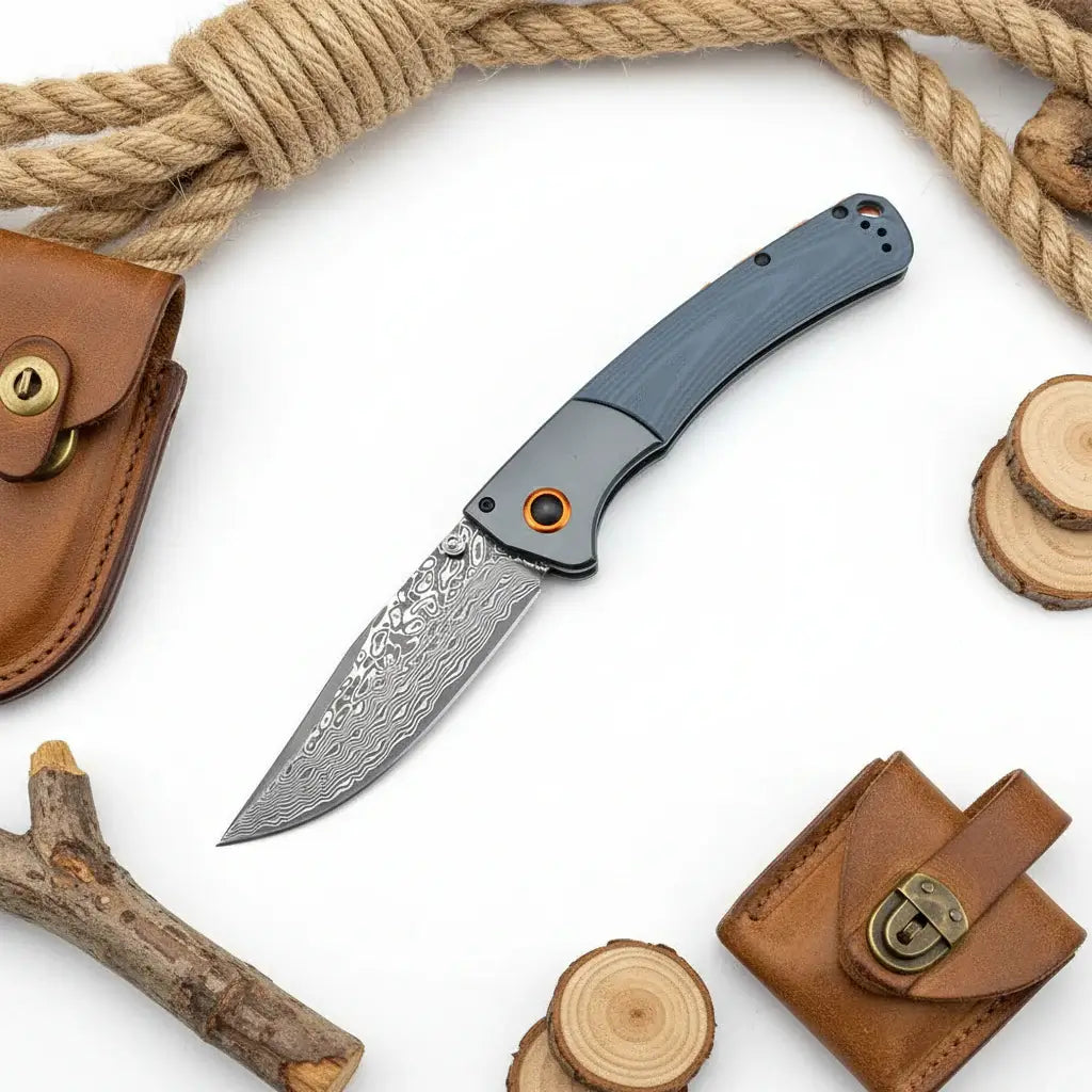 Damascus Steel Folding Knife – Handmade EDC Pocket Knife with Wooden/G10 Handle for Camping & Outdoor