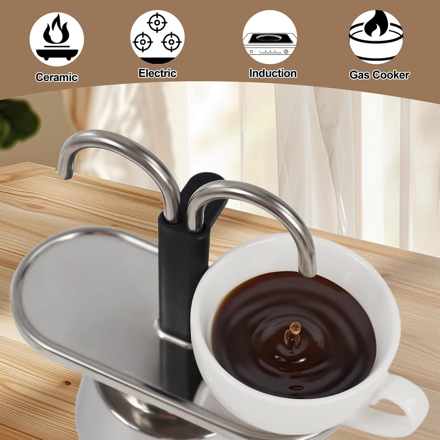 Uncoated 2 Cup Dual Pipe Moka Pot 304 Thickened Stainless Steel Mini Coffee Maker Stovetop Espresso Coffeemaker Italian Classic Style Brewing Greca Cafe Machine for Cafeteras Travel 150Ml