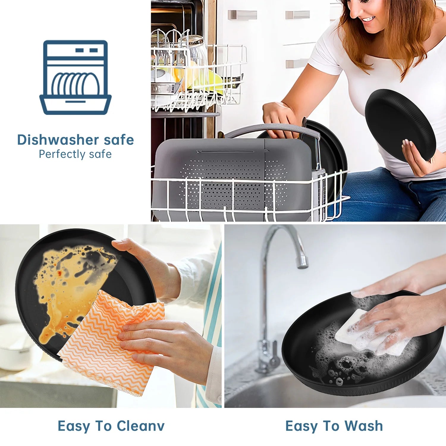48 Pcs Wheat Straw Dinnerware Sets for 4, Unbreakable Dinnerware Sets, Reusable Wheat Straw Plates and Bowls Sets, Travel Camping Cutlery Set, Dishwasher Microwave Safe Dinnerware, Black