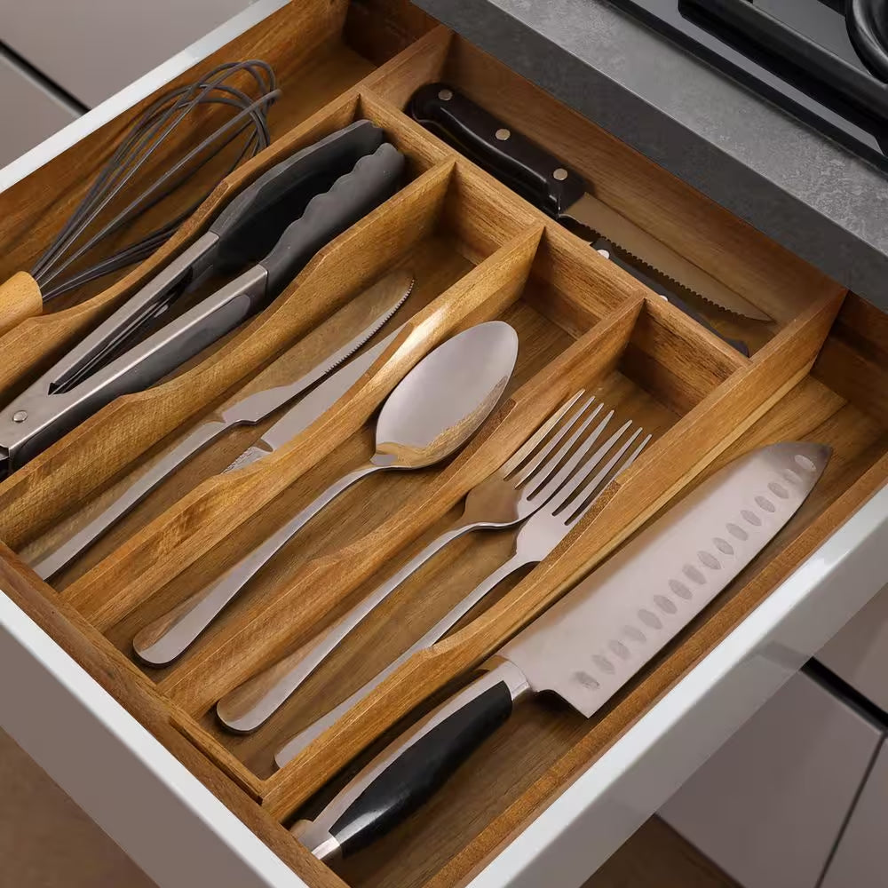 Expandable Bamboo Kitchen Drawer Organizer for Cutlery and Utensils, Adjustable Wood Cutlery Tray in Drawer, Acacia