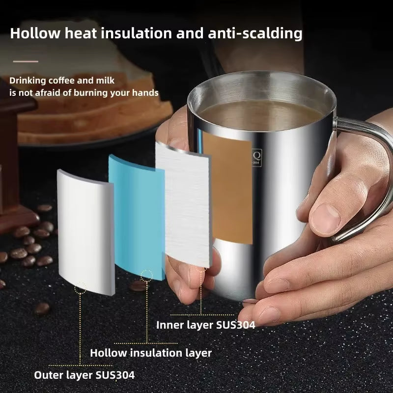 304 Stainless Steel Mug Cup Double Layer Anti-Scalding with Lip Thermos Cup Coffee Milk Beer Water Tea Bottle Office Home Use