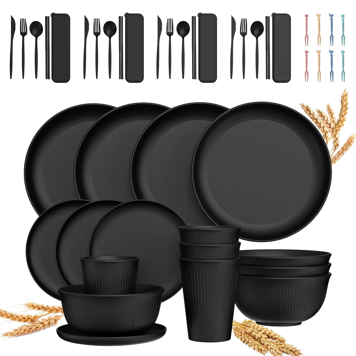 48 Pcs Wheat Straw Dinnerware Sets for 4, Unbreakable Dinnerware Sets, Reusable Wheat Straw Plates and Bowls Sets, Travel Camping Cutlery Set, Dishwasher Microwave Safe Dinnerware, Black