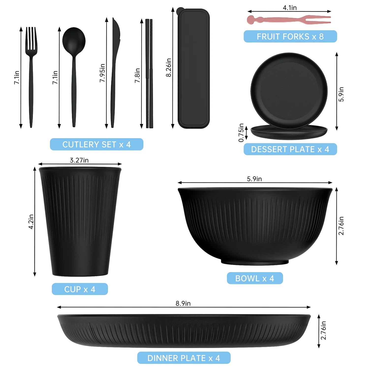 48 Pcs Wheat Straw Dinnerware Sets for 4, Unbreakable Dinnerware Sets, Reusable Wheat Straw Plates and Bowls Sets, Travel Camping Cutlery Set, Dishwasher Microwave Safe Dinnerware, Black