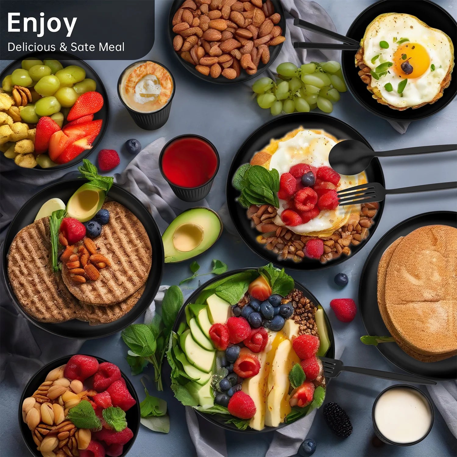 48 Pcs Wheat Straw Dinnerware Sets for 4, Unbreakable Dinnerware Sets, Reusable Wheat Straw Plates and Bowls Sets, Travel Camping Cutlery Set, Dishwasher Microwave Safe Dinnerware, Black