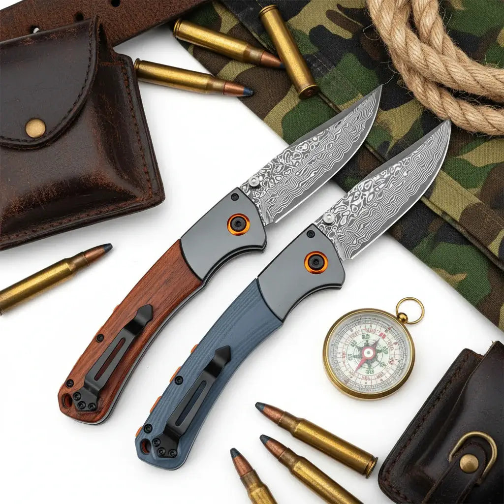 Damascus Steel Folding Knife – Handmade EDC Pocket Knife with Wooden/G10 Handle for Camping & Outdoor