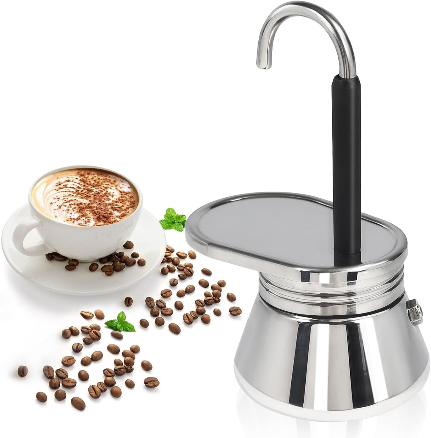 Uncoated 2 Cup Dual Pipe Moka Pot 304 Thickened Stainless Steel Mini Coffee Maker Stovetop Espresso Coffeemaker Italian Classic Style Brewing Greca Cafe Machine for Cafeteras Travel 150Ml