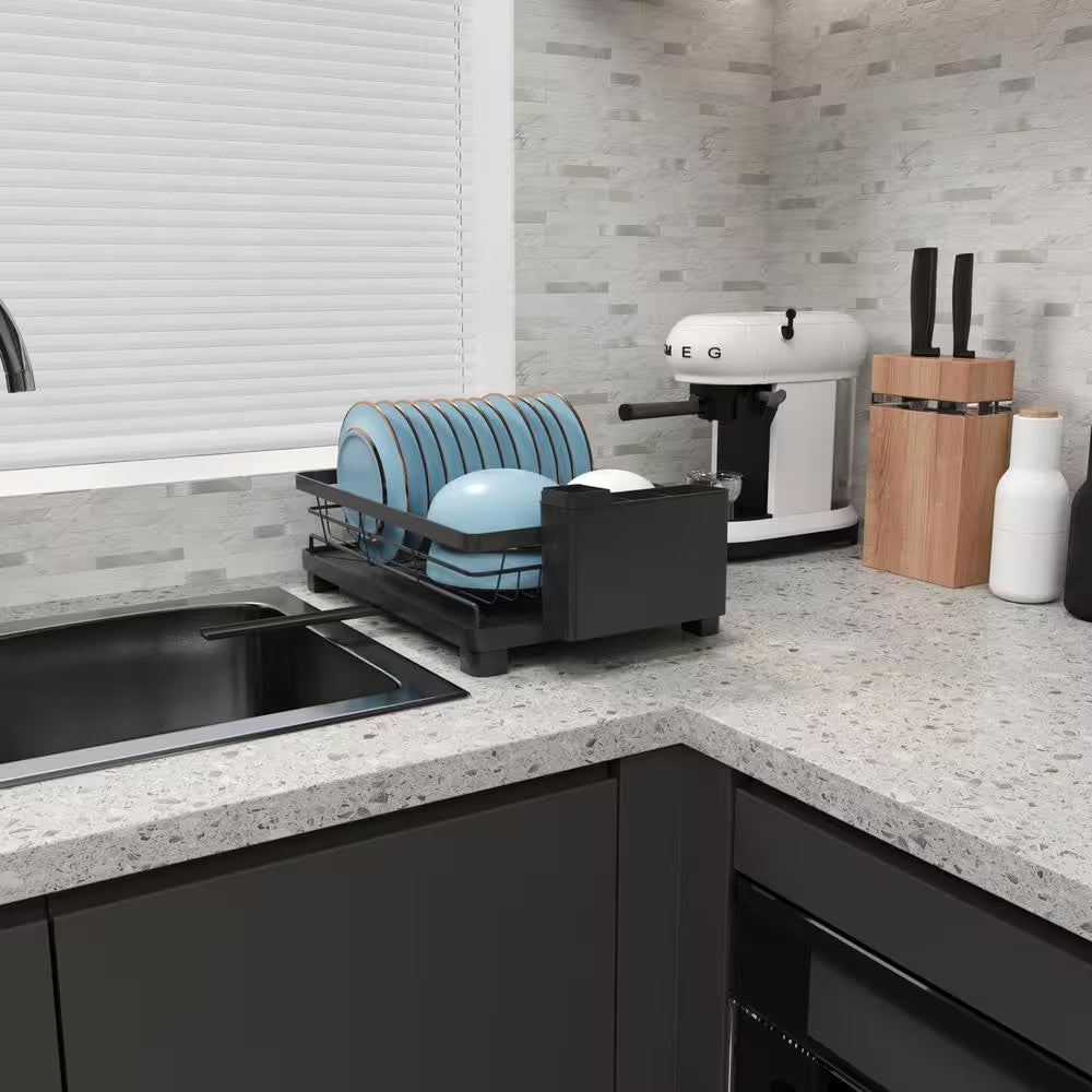 Compact Matte Black Kitchen Dish Rack with Drainboard Dish Rack, Cutlery Holder and Drip Tray
