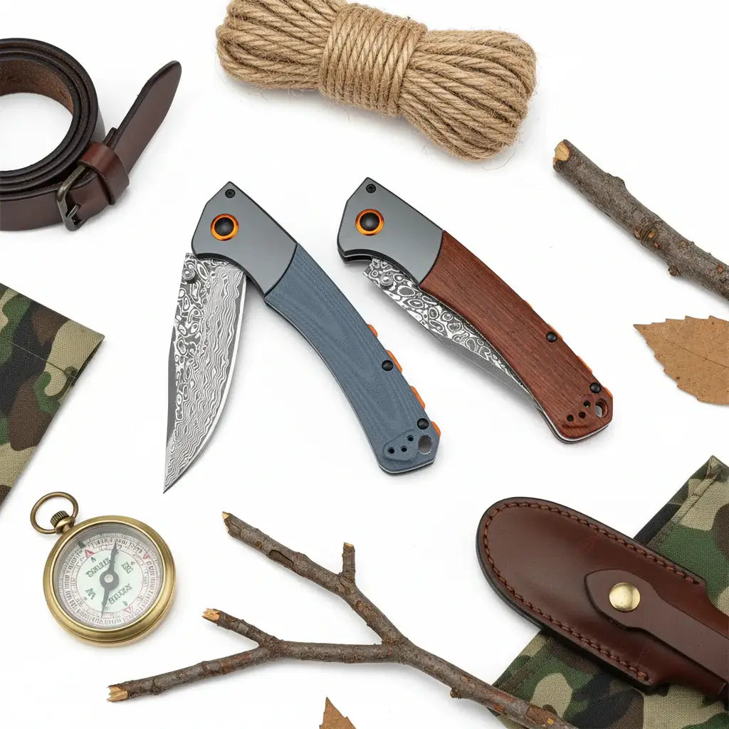 Damascus Steel Folding Knife – Handmade EDC Pocket Knife with Wooden/G10 Handle for Camping & Outdoor
