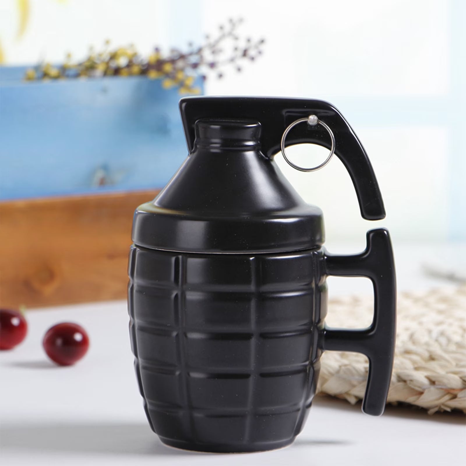 Grenade Ceramic Coffee Mug with Lid (11.8Oz), Tea Coffee Cup, Fits K-Cup Coffee Makers, Travel, Camping Trips, Loved by Military, Veterans, Gun Lovers, Christmas Gift (Black)