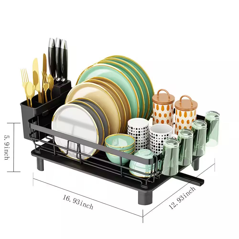 Compact Matte Black Kitchen Dish Rack with Drainboard Dish Rack, Cutlery Holder and Drip Tray