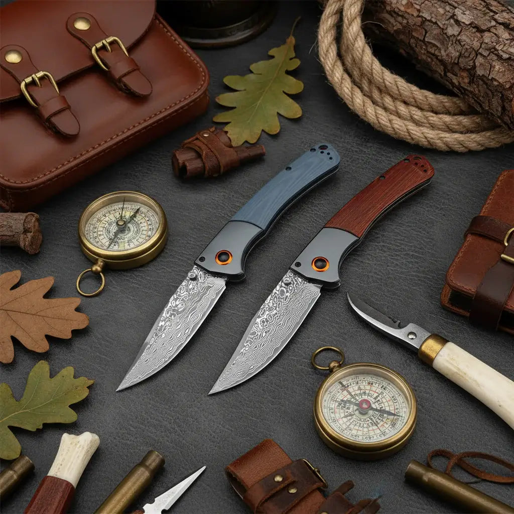 Damascus Steel Folding Knife – Handmade EDC Pocket Knife with Wooden/G10 Handle for Camping & Outdoor