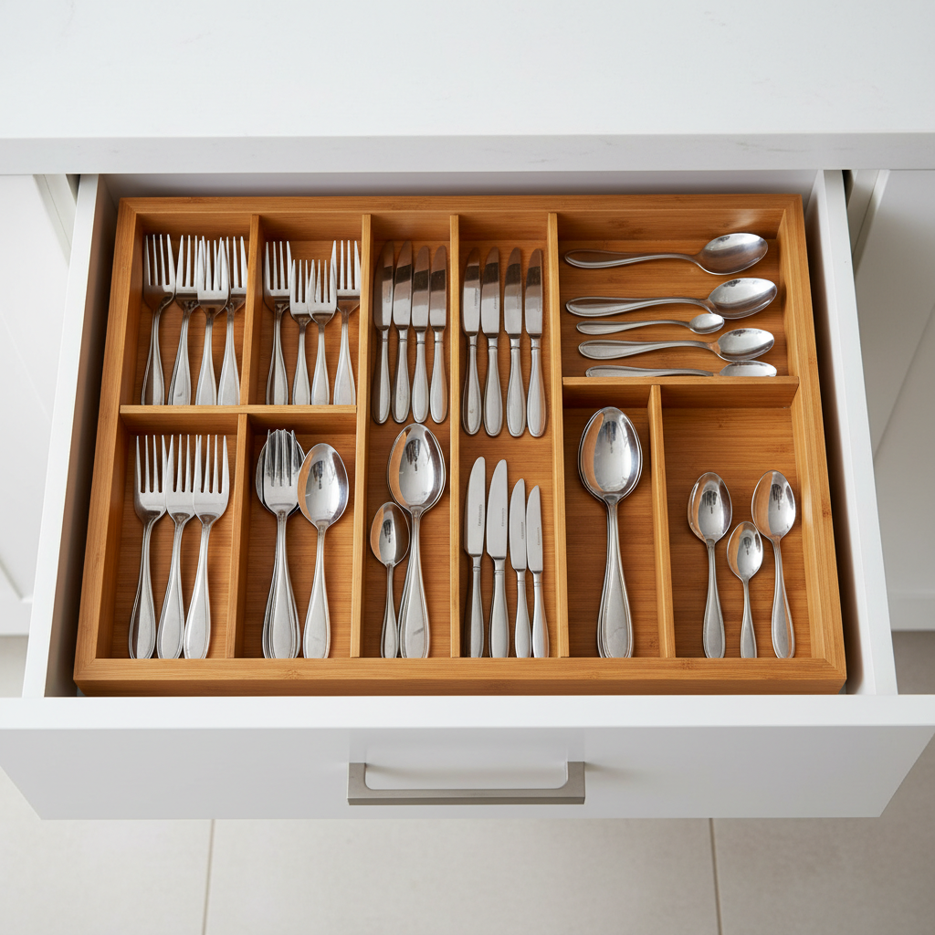 Natural bamboo silverware organizer inside kitchen drawer with sorted cutlery